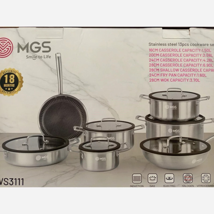 سرویس قابلمه استیل کف لیزری 13 پارچه برند MGS درب سیلیکون مشکی